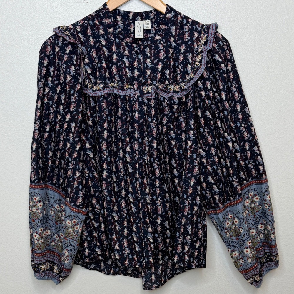 Joie Floral Print Ruffle Neck Blouse Sz S Petite Cottagecore Prairie Grandmacore